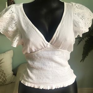 Very low cut v-neck smocked eyelet top XS